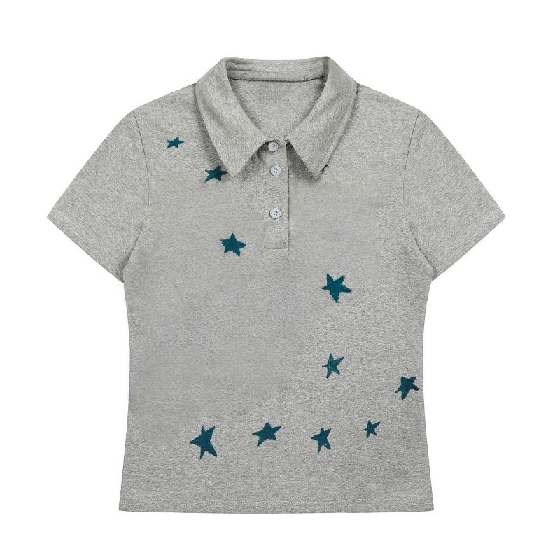 Star Print Polo Gray T-Shirt